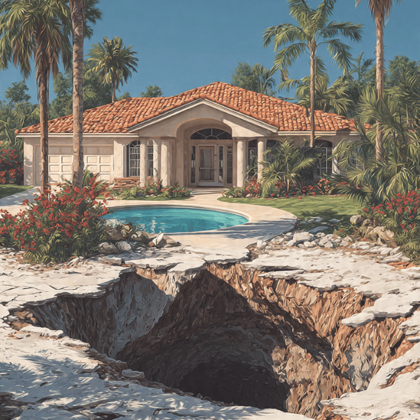 Example of a home with a sinkhole. Many homeowners want to know "Do sinkholes stop growing?"