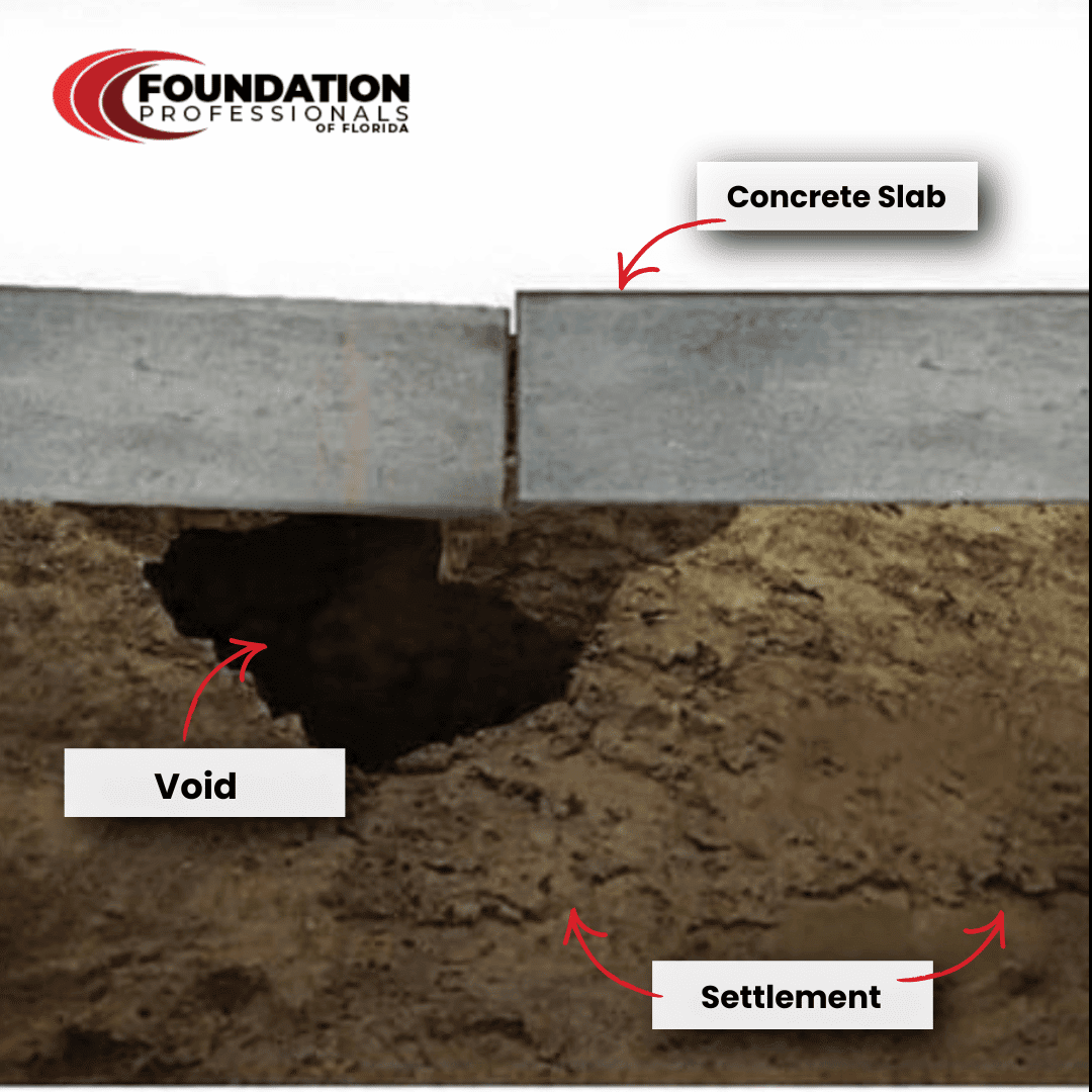 Diagram that shows how voids under concrete form, labels with the concrete, void, and showing settlement. 